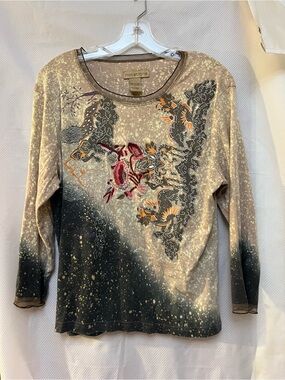 Notations Dragon & Floral Long Sleeve Top - Beige, Black & Orange L